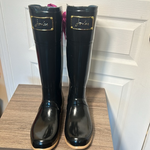 JOULES EVEDON BLACK RUBBER RAIN BOOTS TALL WITH PINK BACK RIBBON IN SIZE 7 - Picture 9 of 13